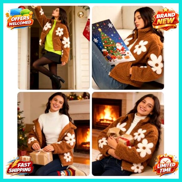 Oversized Sherpa Fleece Jacket Floral Print Zipper Cropped Coat Casual Long - Picture 6 of 7